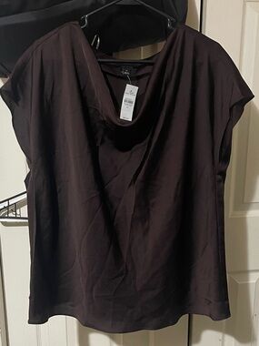 Ann Taylor Dark Brown Satin Cowl-Neck Cap Sleeve Blouse